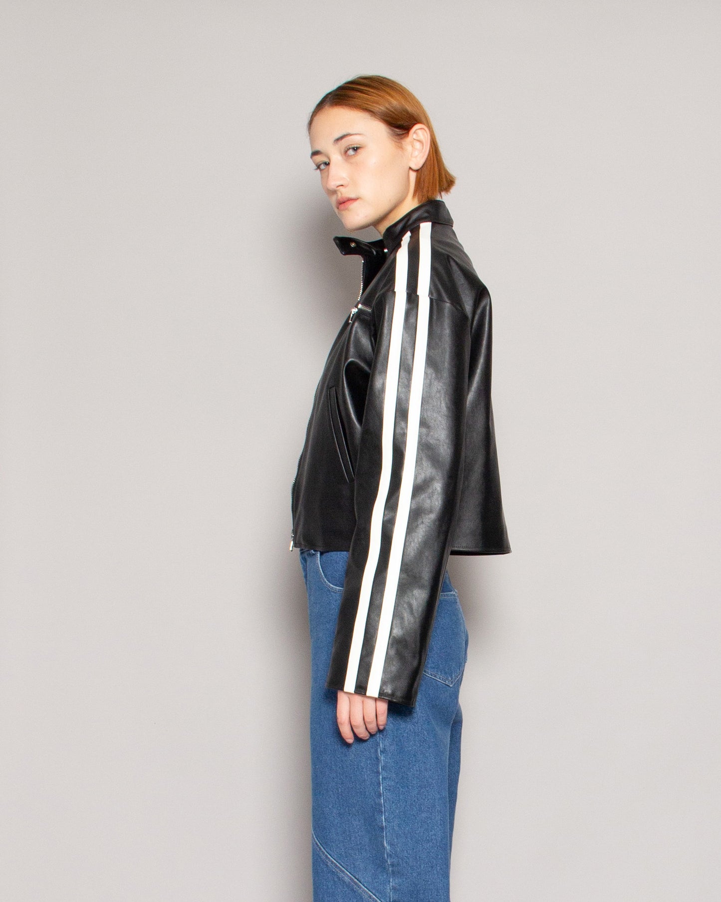 NOMIA Cropped Moto Racing Jacket in Black/White available at Lahn.shop