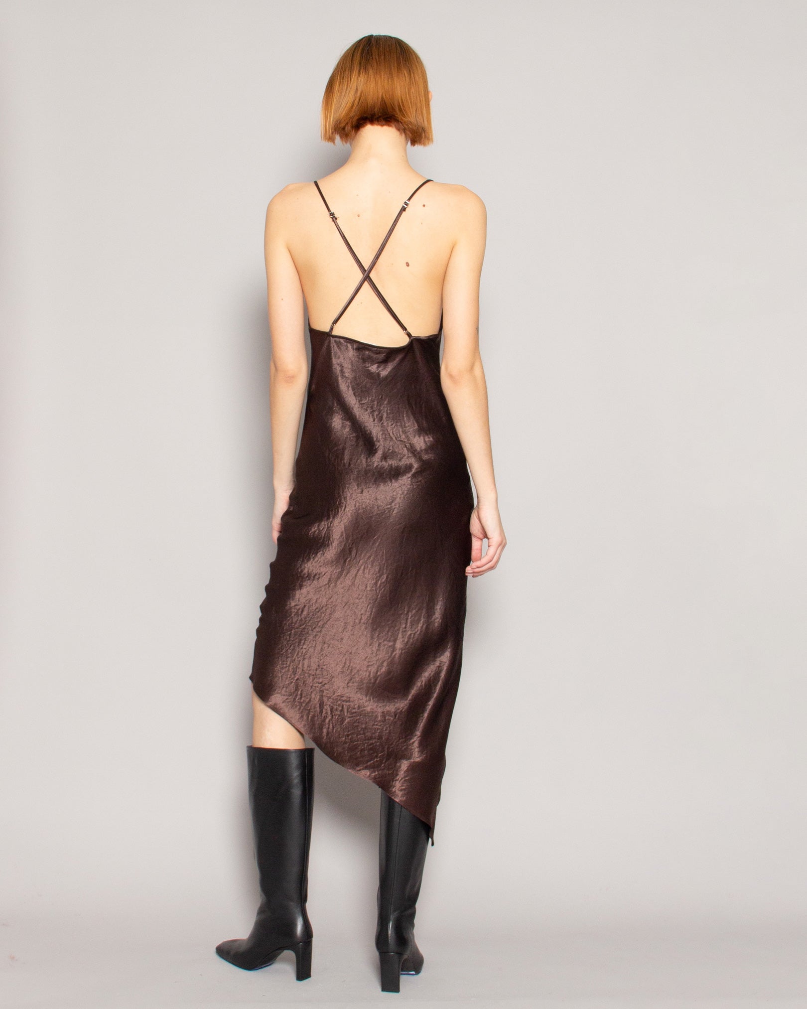 NOMIA Crossback Halter Dress in Dark Brown available at Lahn.shop