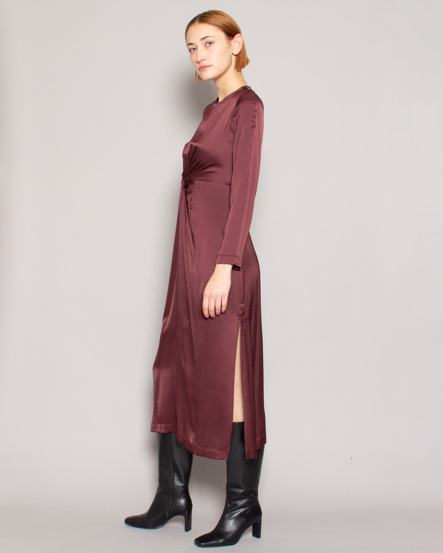 OTTOD'AME Satin Knot Midi Dress in Barolo