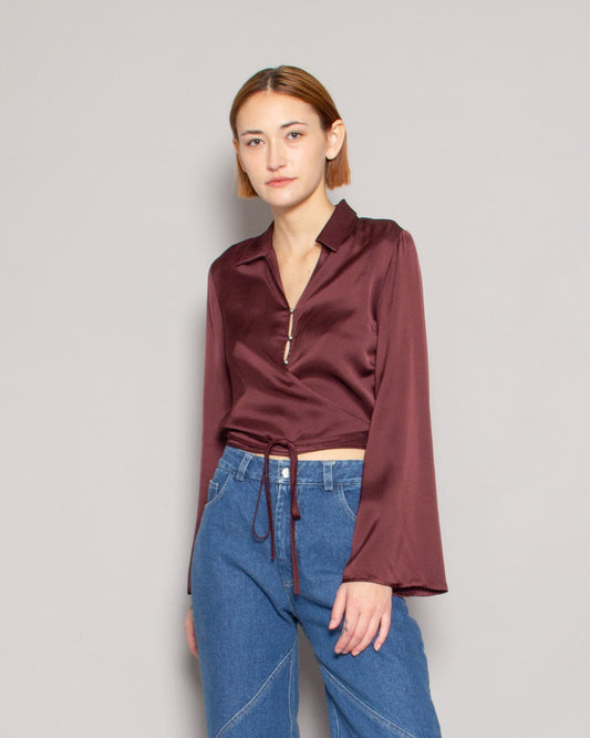 OTTOD'AME Satin Wrap Blouse in Barolo available at Lahn.shop
