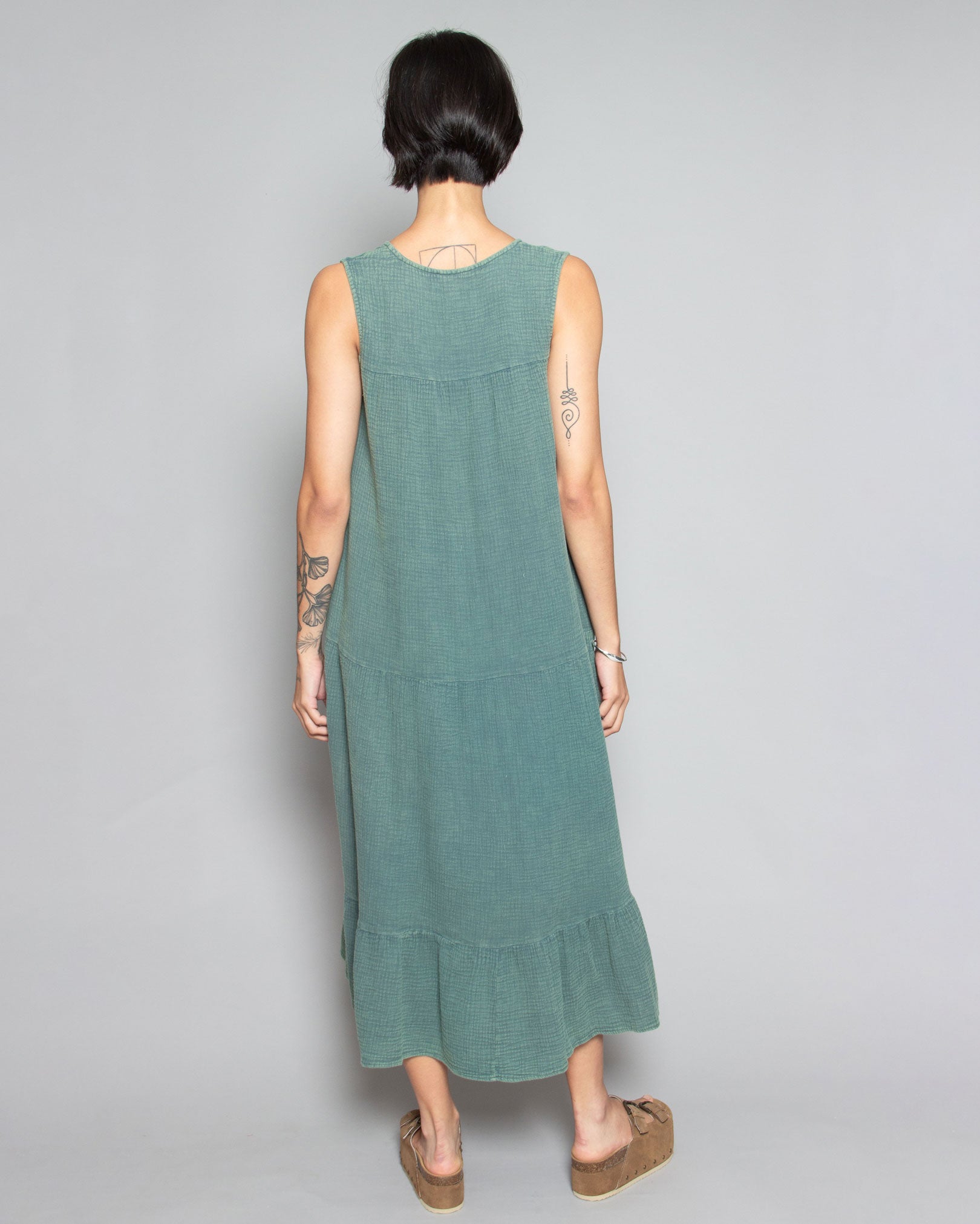 PERSONS Carolina Tiered Midi Dress in Washed Teal available at Lahn.shop