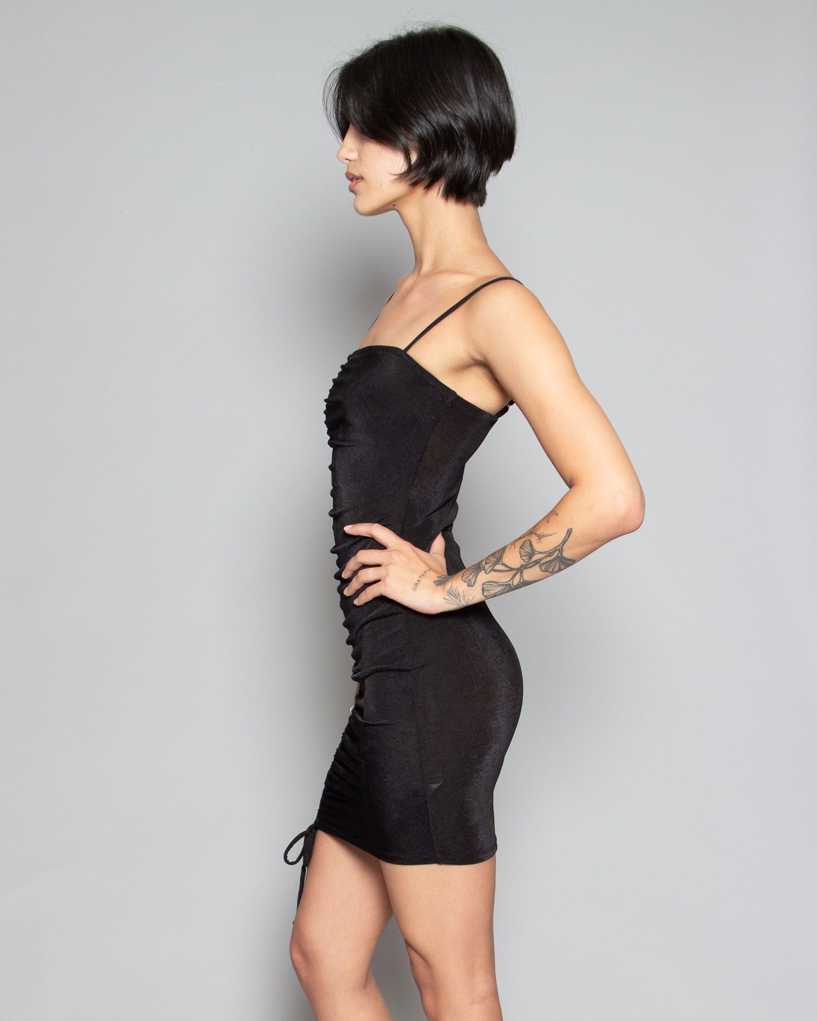PERSONS India Rouched Slinky Mini Dress in Ink available at Lahn.shop