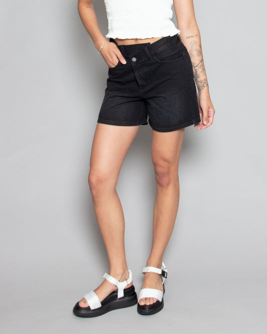 PERSONS Sandra Crossed WB Denim Shorts in Washed Black available at Lahn.shop