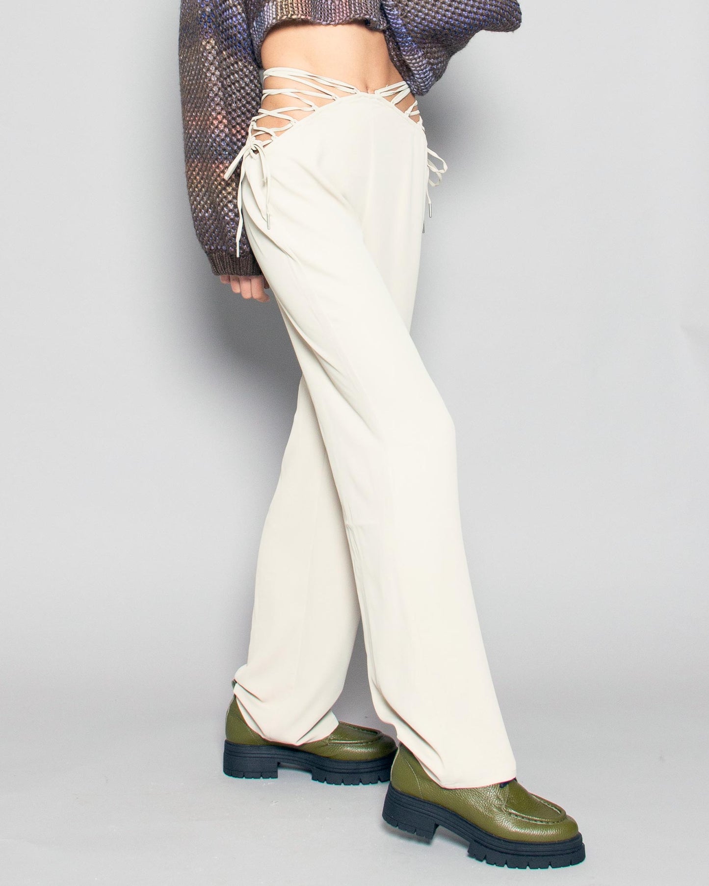 PERSONS Blake Lace Up Trousers in Sand available at Lahn.shop