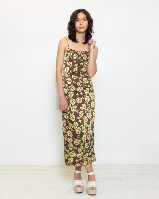 PERSONS Daphne Satin Dress in Chartreuse Rose