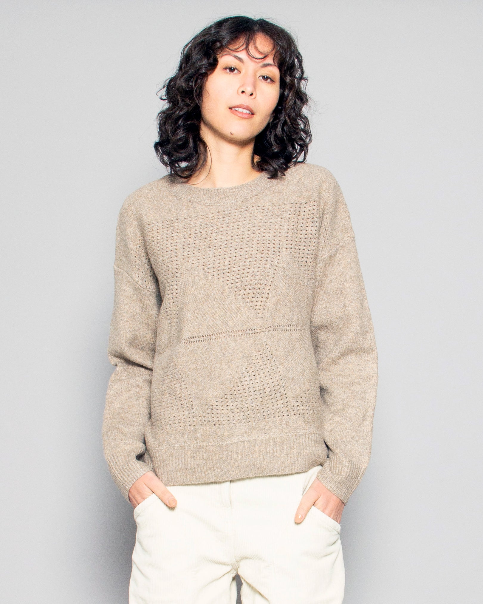 PERSONS Evelyn Pointelle Wool Blend Sweater in Mocha available at Lahn.shop