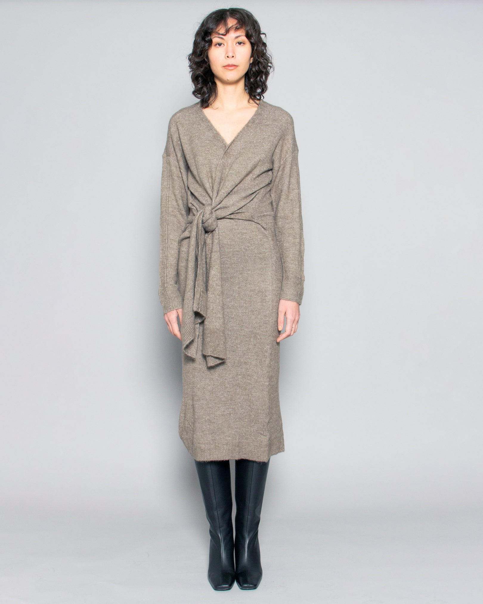 PERSONS Luna Tie Front Midi Dress in Grey Moss available at Lahn.shop