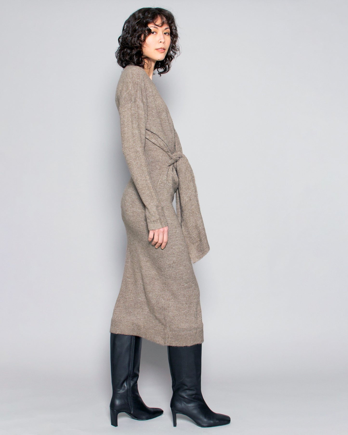 PERSONS Luna Tie Front Midi Dress in Grey Moss available at Lahn.shop