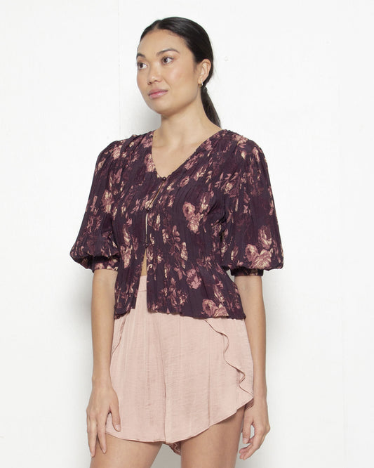 PERSONS Mandy Gathered Top in Plum Floral