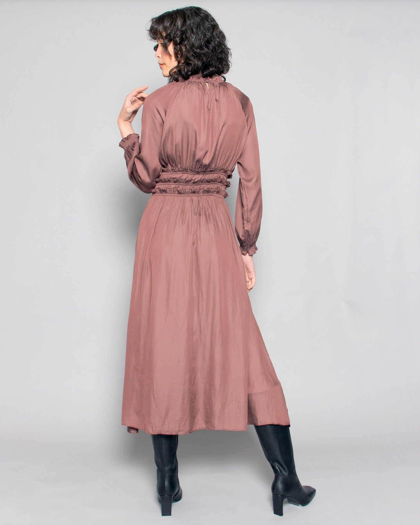 PERSONS Odessa Shirred Midi Dress in Rust available at Lahn.shop