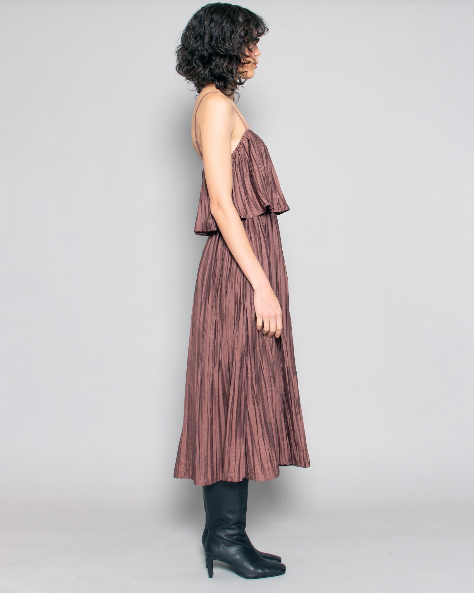 PERSONS Pauline Plisse Pleated Midi Dress in Aubergine available at Lahn.shop