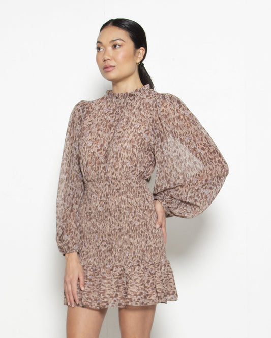 PERSONS Priscilla Abstract Print Ruched Dress in Cocoa
