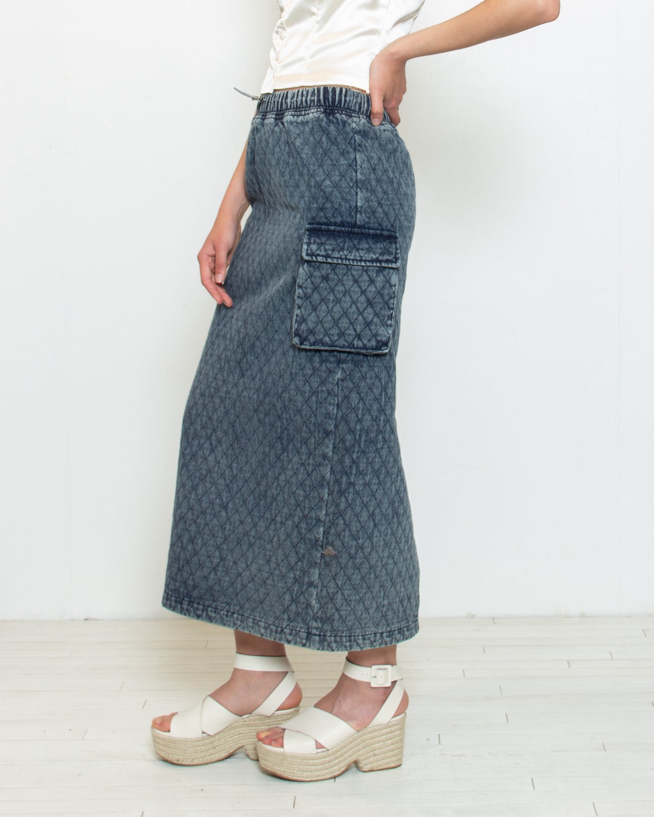 PERSONS Daria Quilted Maxi Skirt in Denim