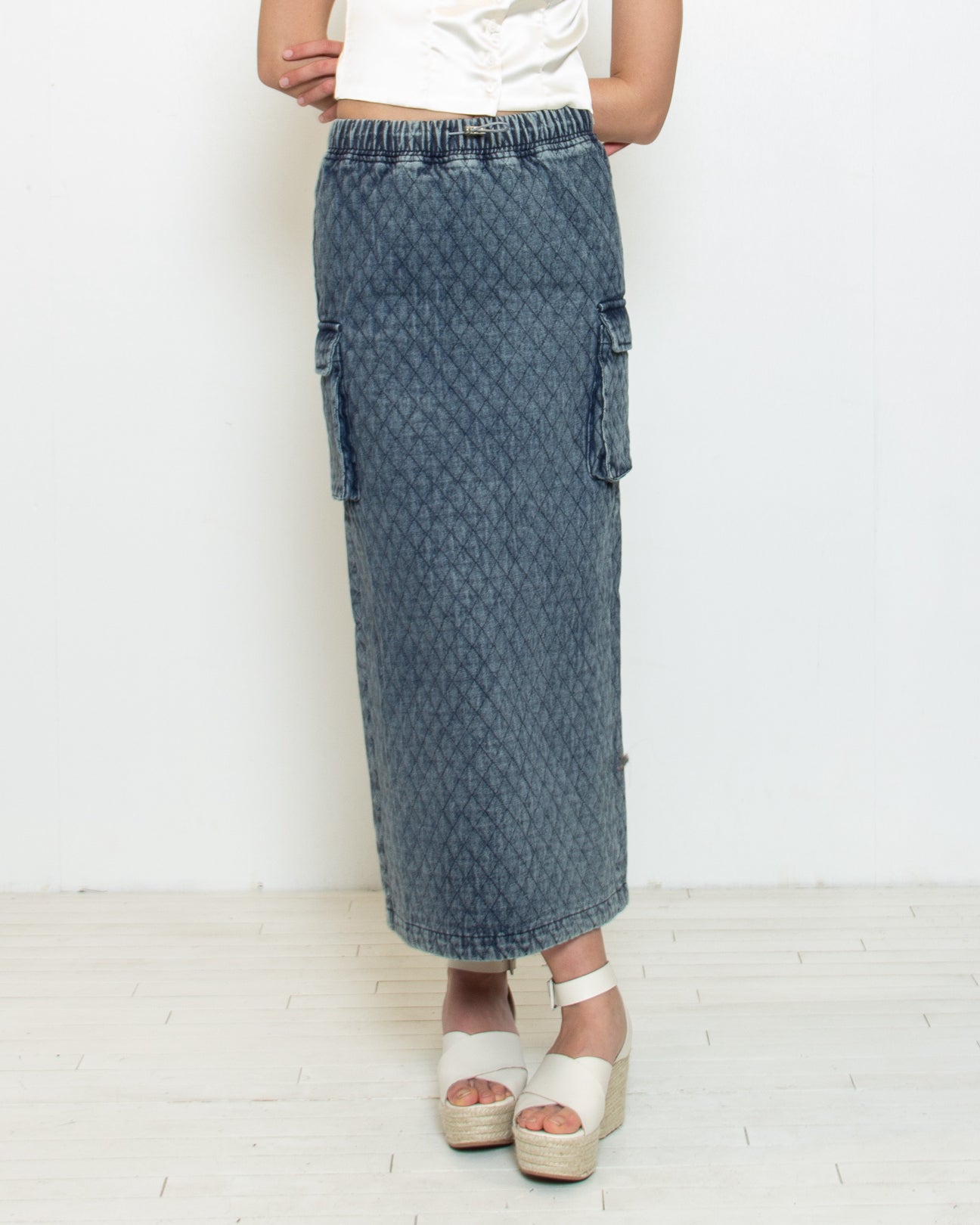 PERSONS Daria Quilted Maxi Skirt in Denim