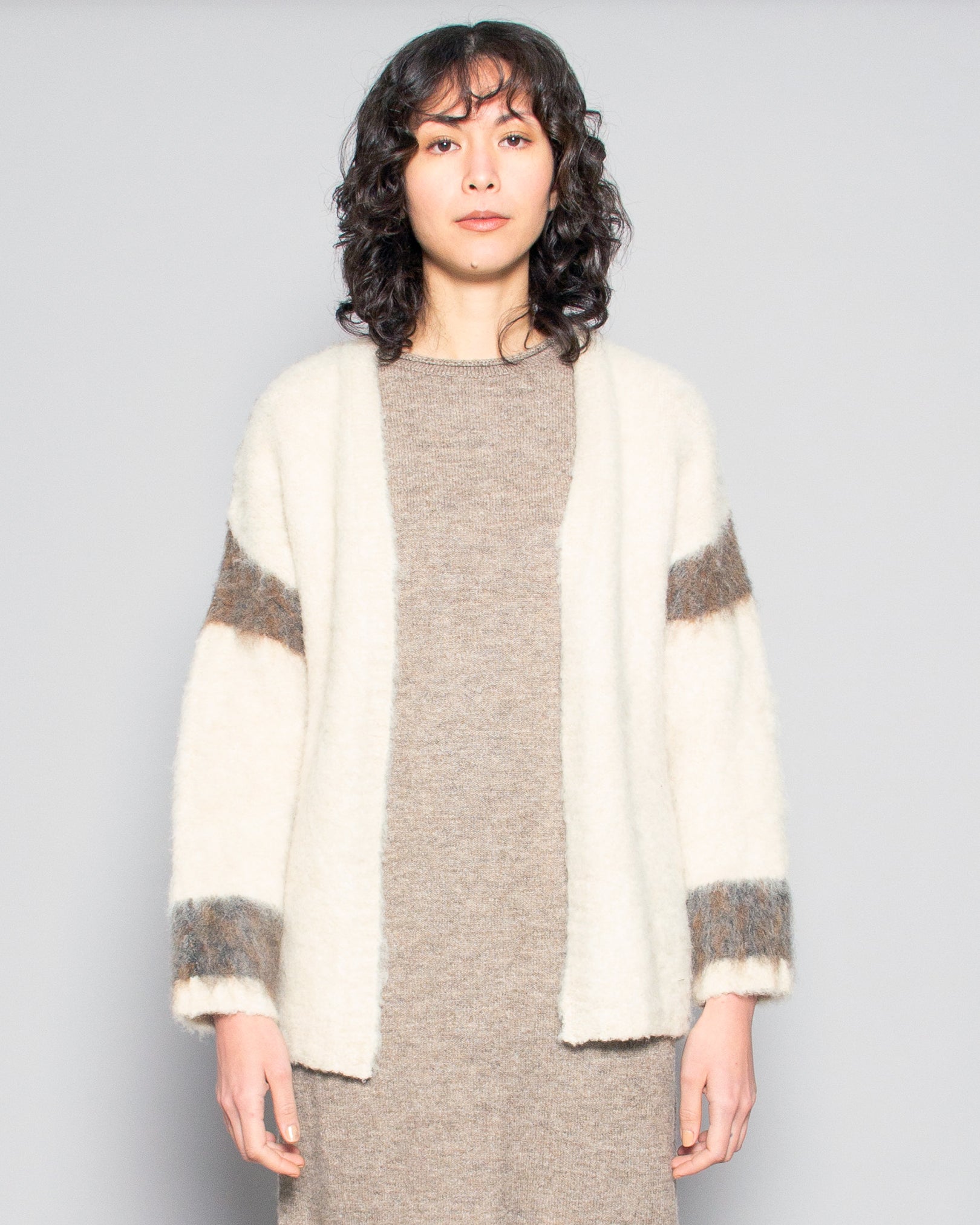 PERSONS Roan Felted Wool Blend Cardi in Ecru Multi available at Lahn.shop