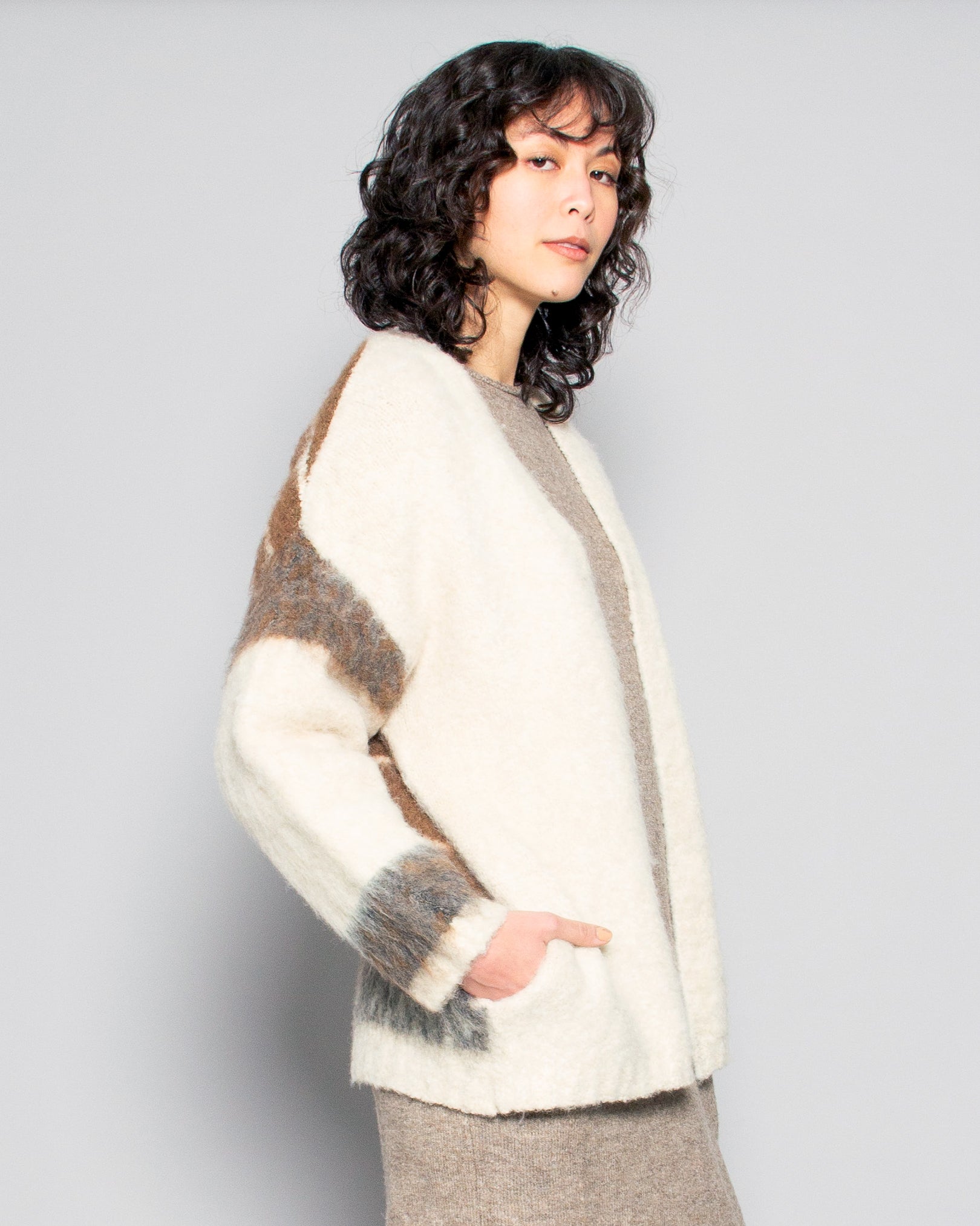 PERSONS Roan Felted Wool Blend Cardi in Ecru Multi available at Lahn.shop