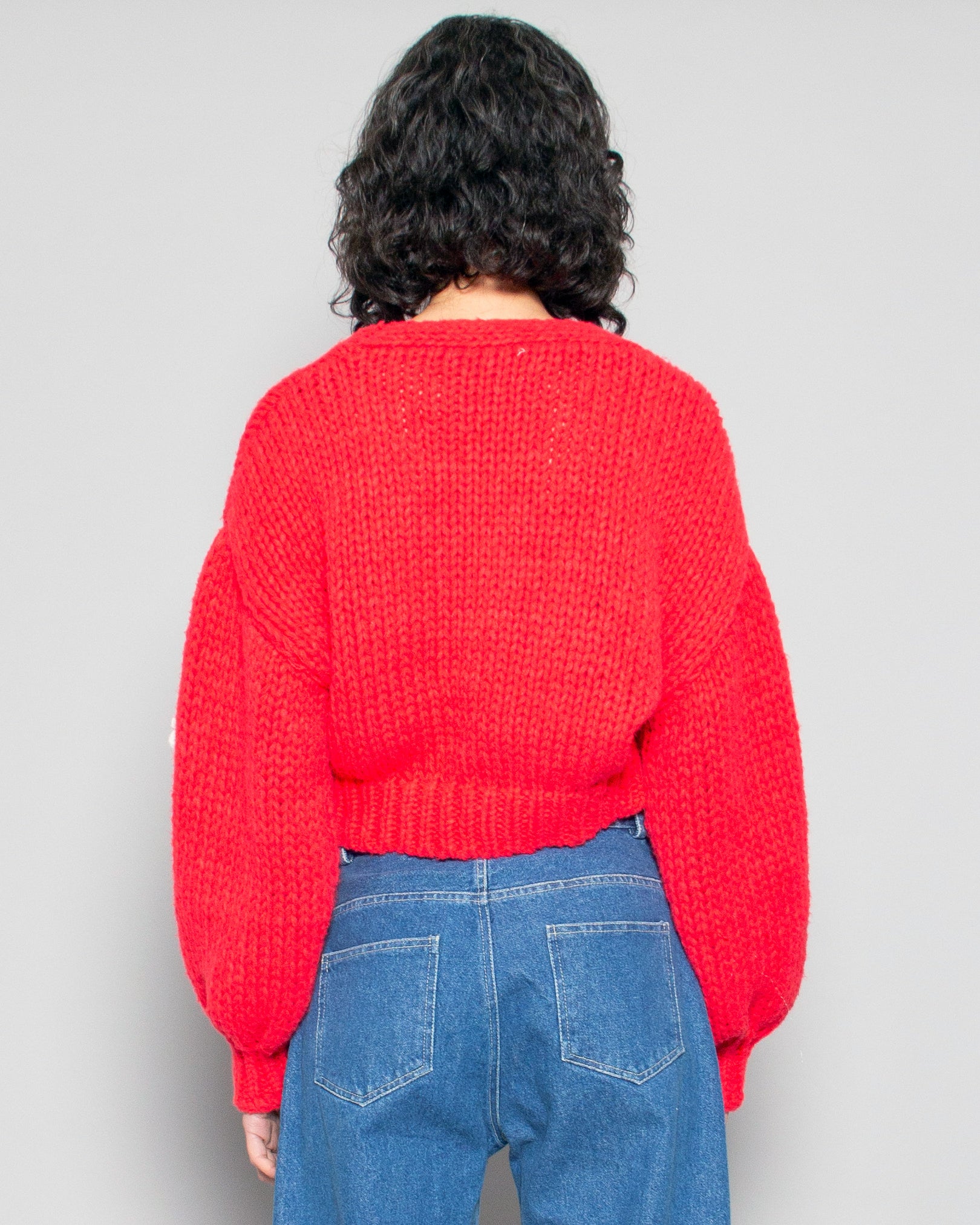 PERSONS Rose Chunky Knit Cardi in Red available at Lahn.shop