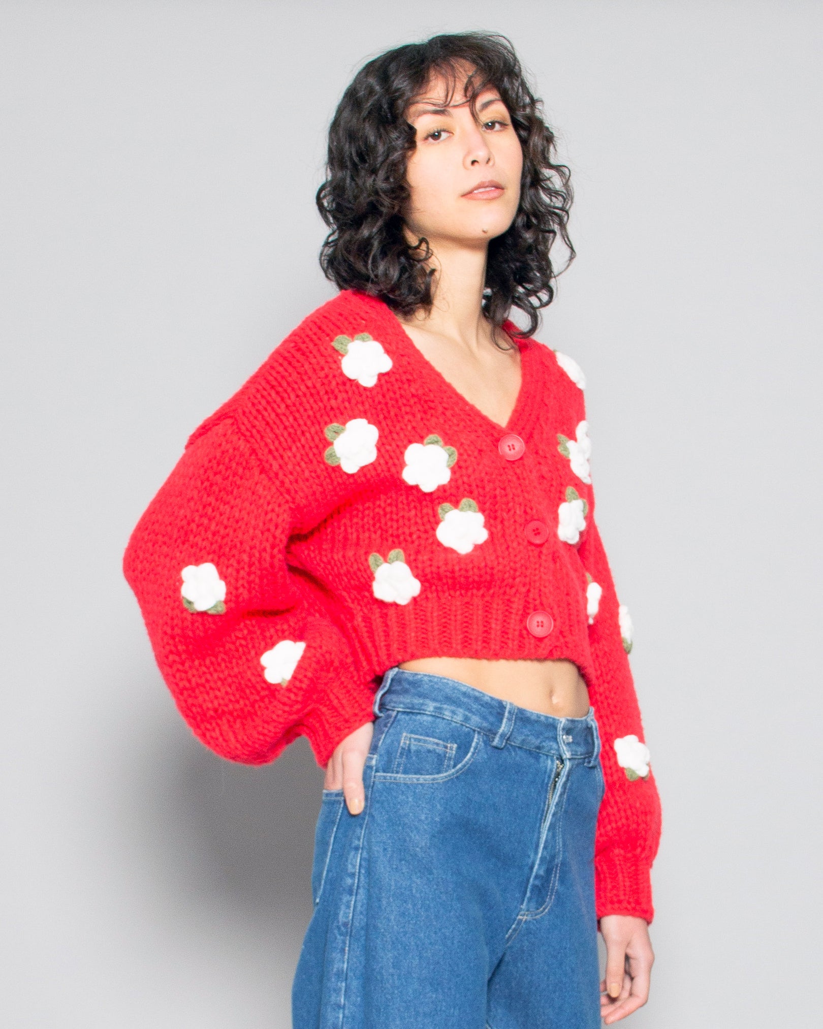 PERSONS Rose Chunky Knit Cardi in Red available at Lahn.shop