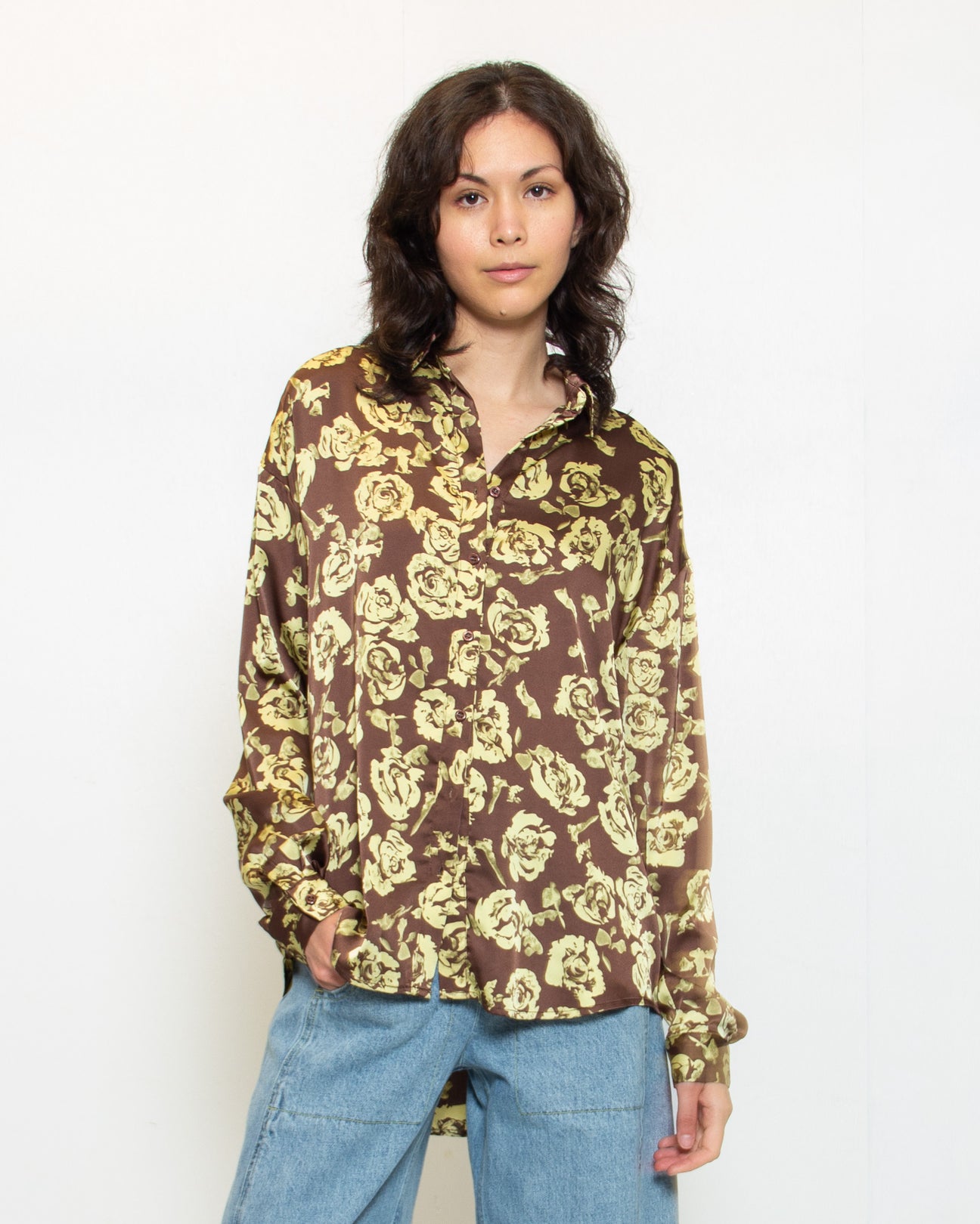 PERSONS Simone Satin Button Down in Chartreuse Rose