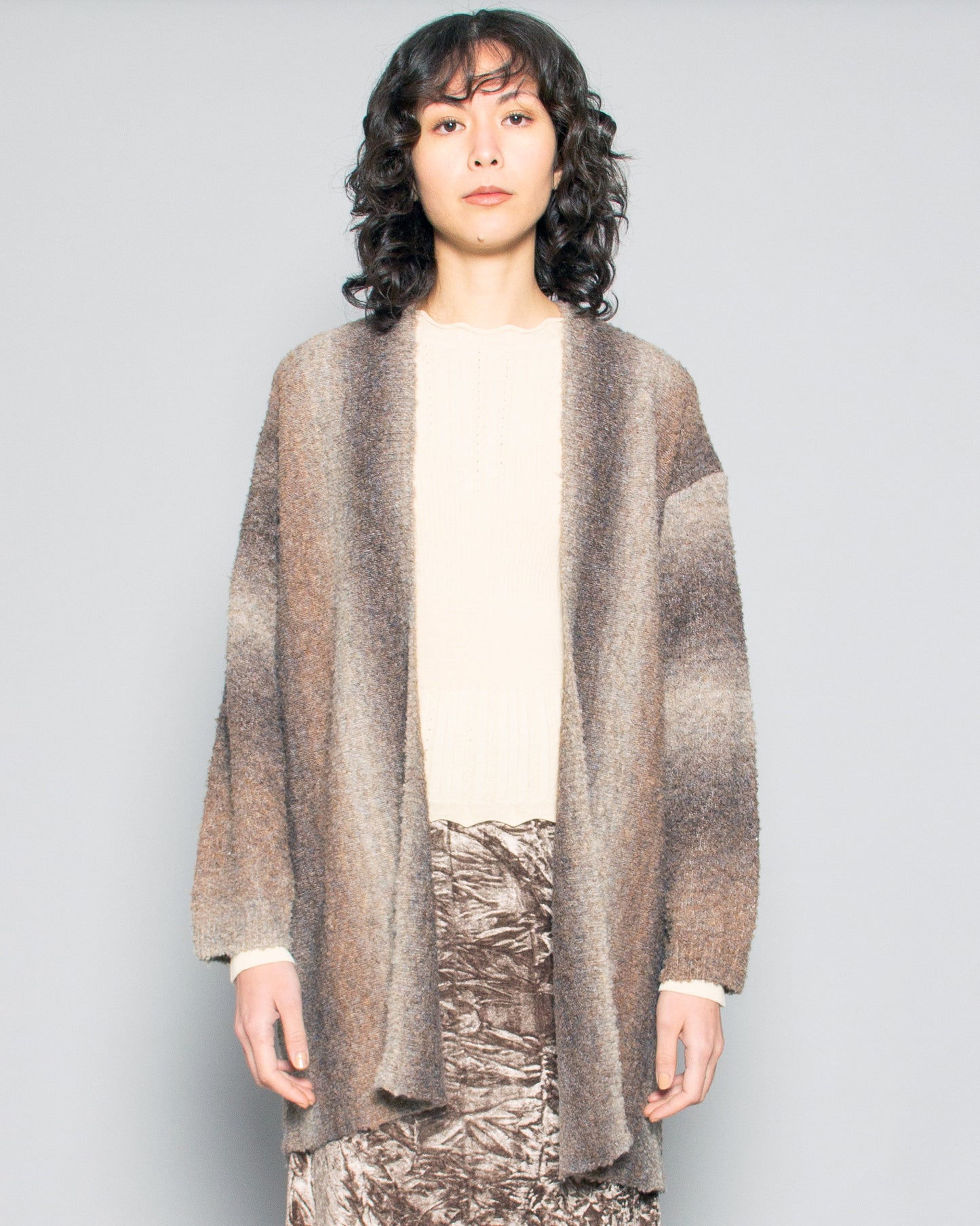 PERSONS Sloan Ombre Boucle Wool Blend Cardi in Brown Multi available at Lahn.shop
