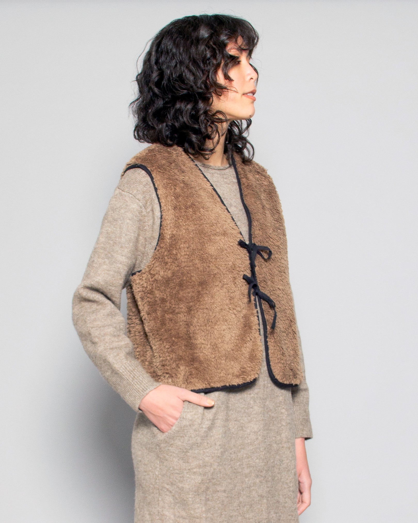 PERSONS Tate Vegan Sherpa Vest in Mocha available at Lahn.shop