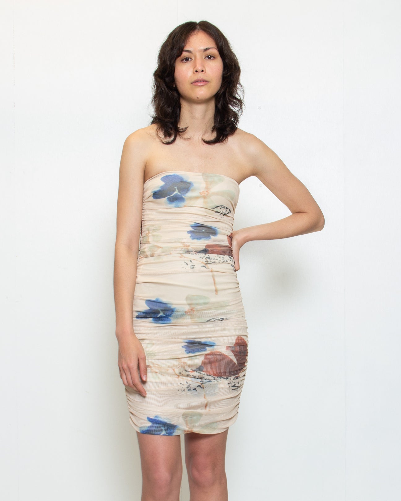 PERSONS Winona Mesh Print Tube Dress in Beige Multi