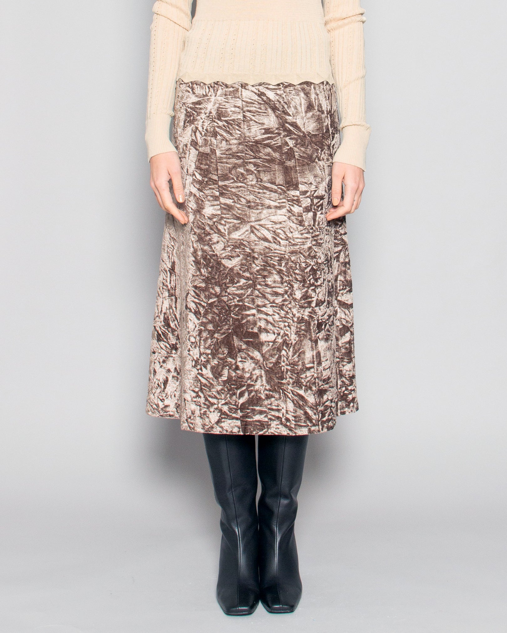PERSONS Kit Crushed Velvet Midi Skirt in Cocoa available at Lahn.shop