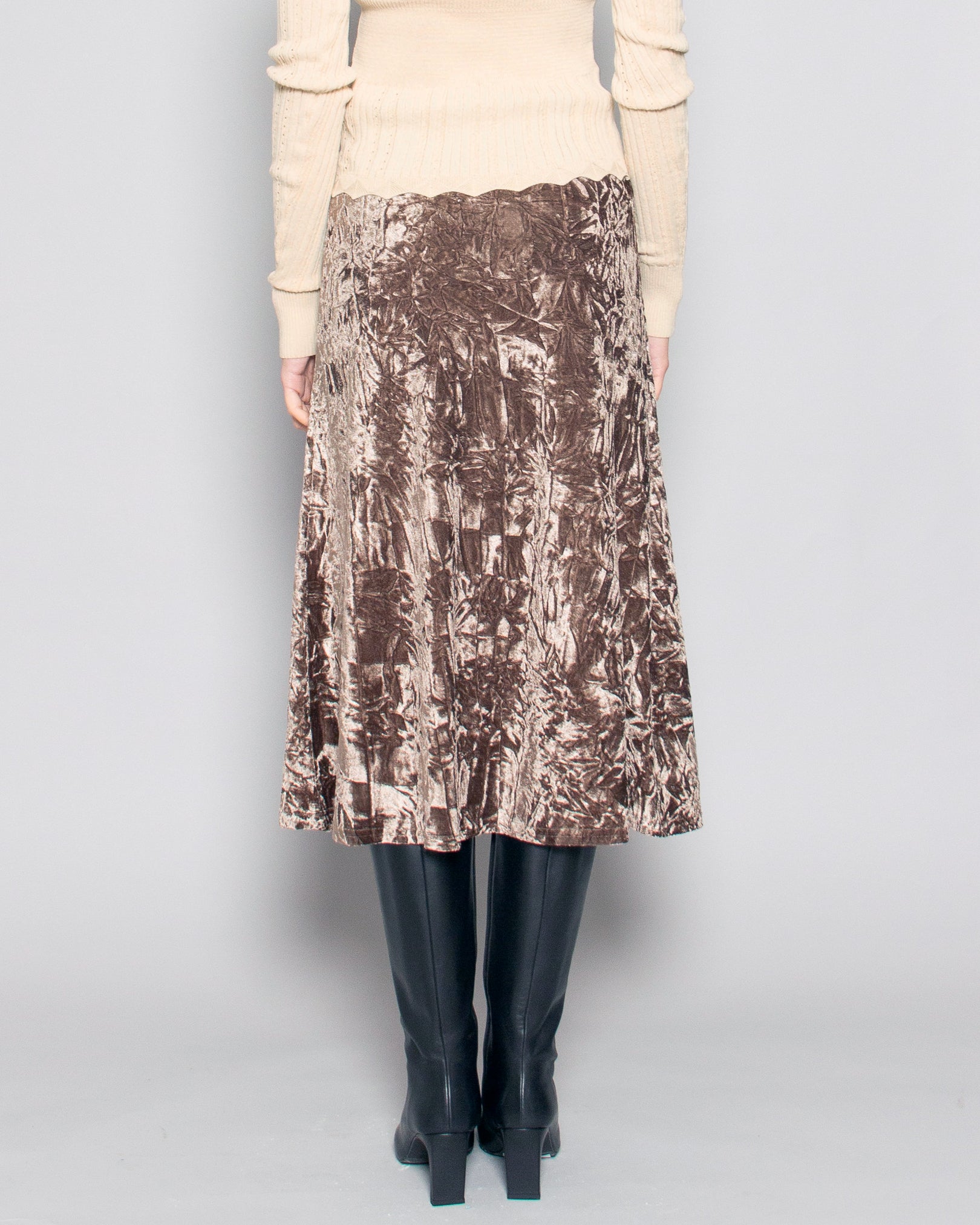 PERSONS Kit Crushed Velvet Midi Skirt in Cocoa available at Lahn.shop