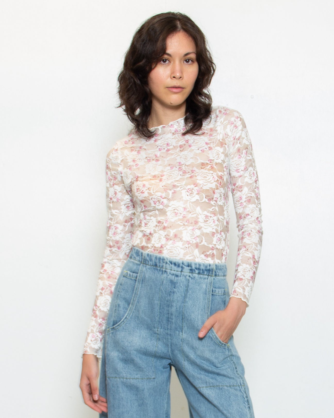 PERSONS Verity Floral Print Lace Top in Ivory