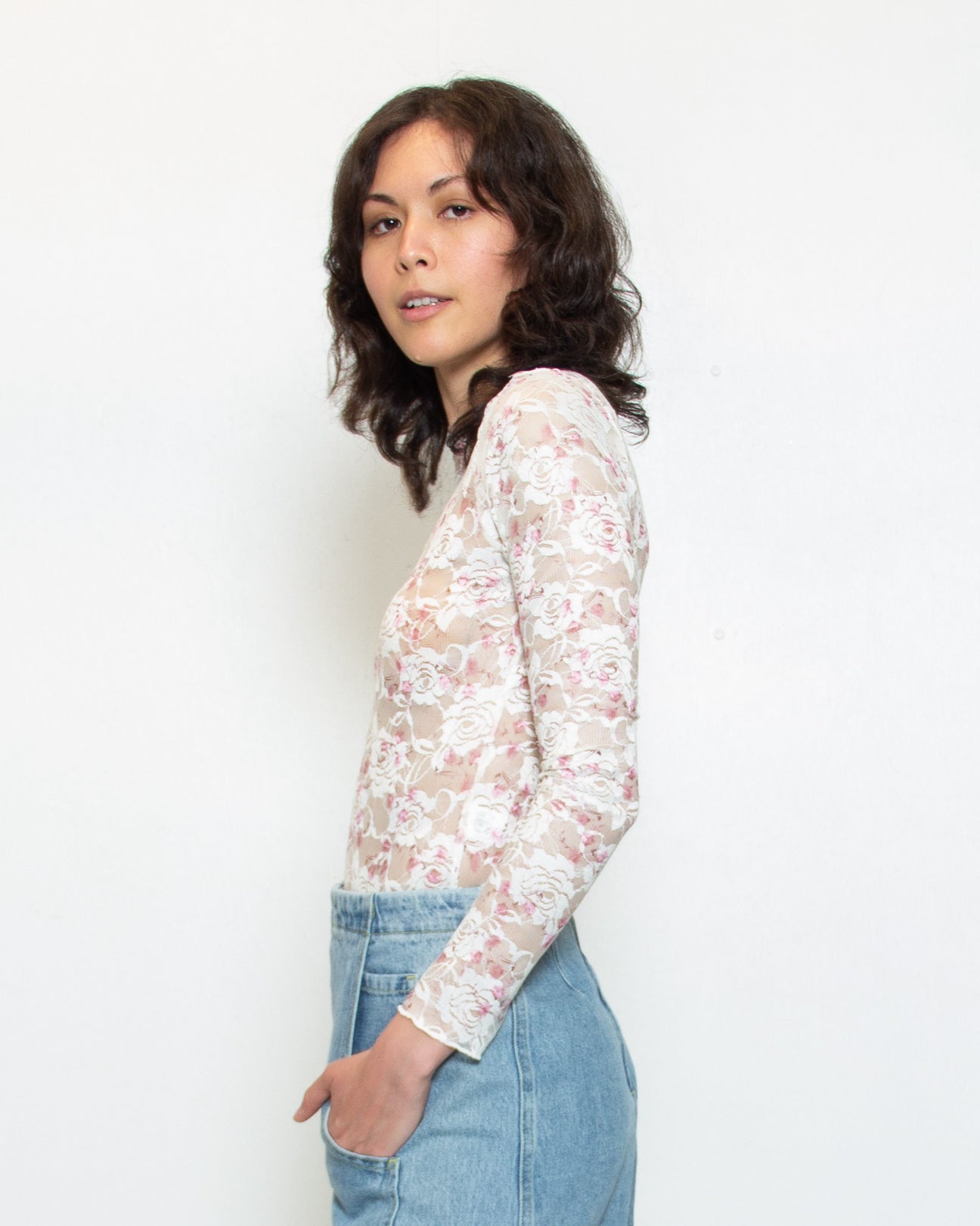 PERSONS Verity Floral Print Lace Top in Ivory