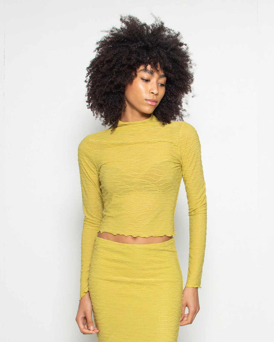 PERSONS Wendy Textured Mesh Mockneck Top in Chartreuse