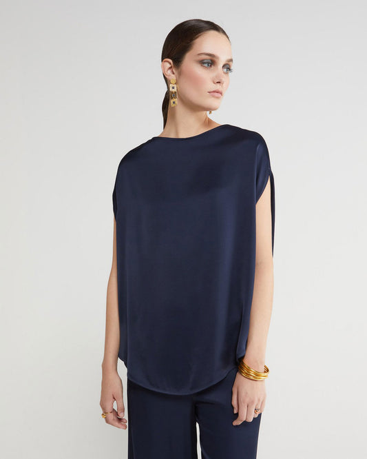 OTTOD'AME Round Cut Satin Blouse in Navy