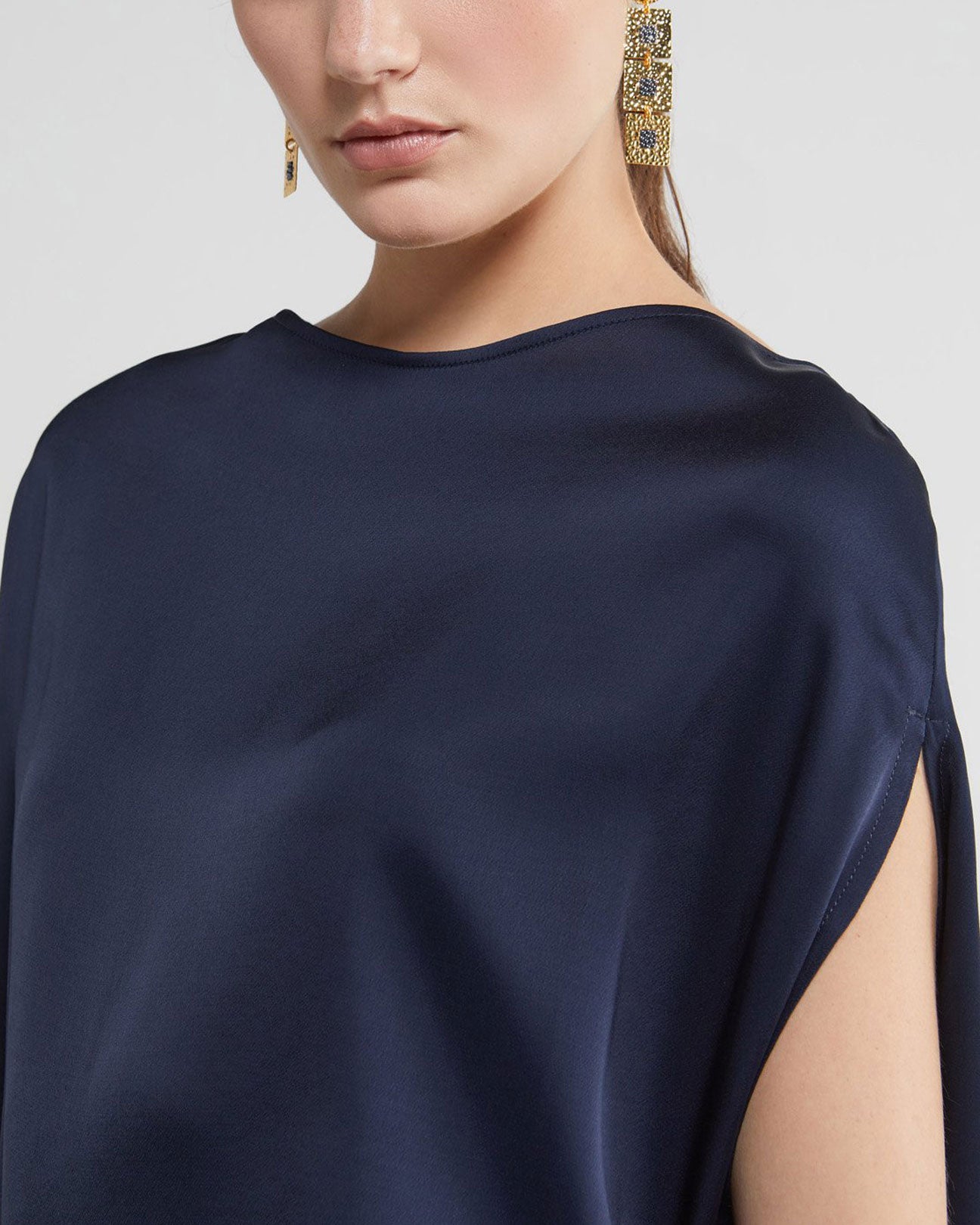 OTTOD'AME Round Cut Satin Blouse in Navy available at Lahn.shop