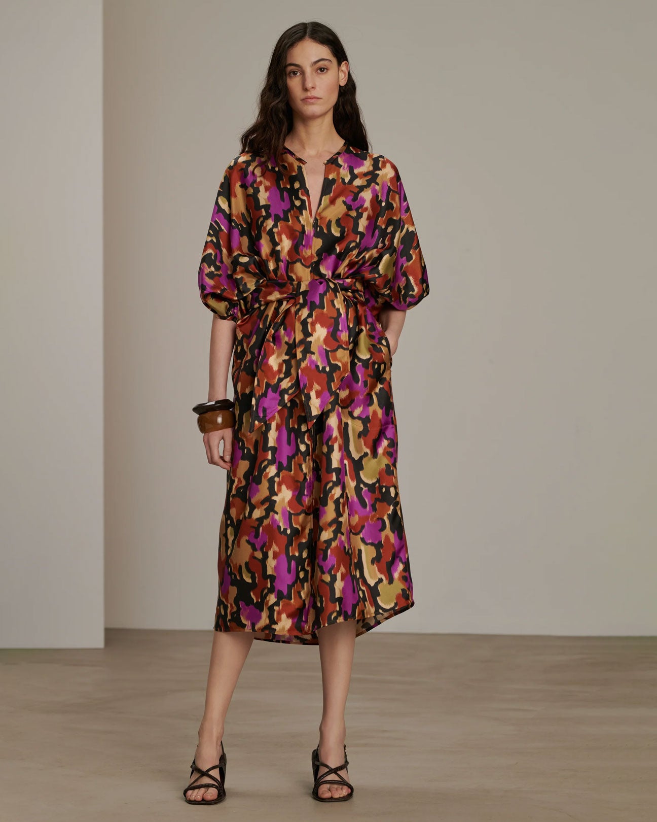 SOEUR Alger Silk Dress in Fuchsia Print