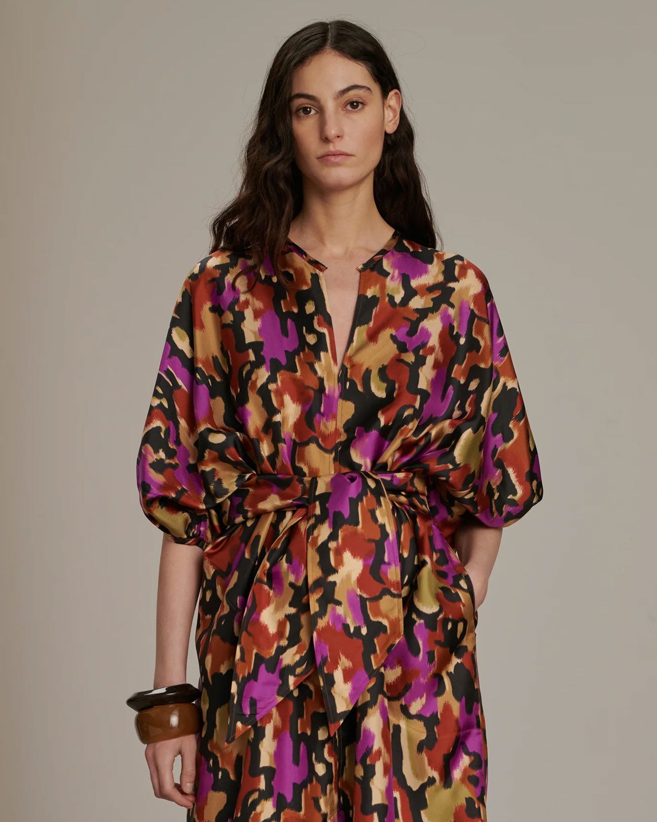 SOEUR Alger Silk Dress in Fuchsia Print