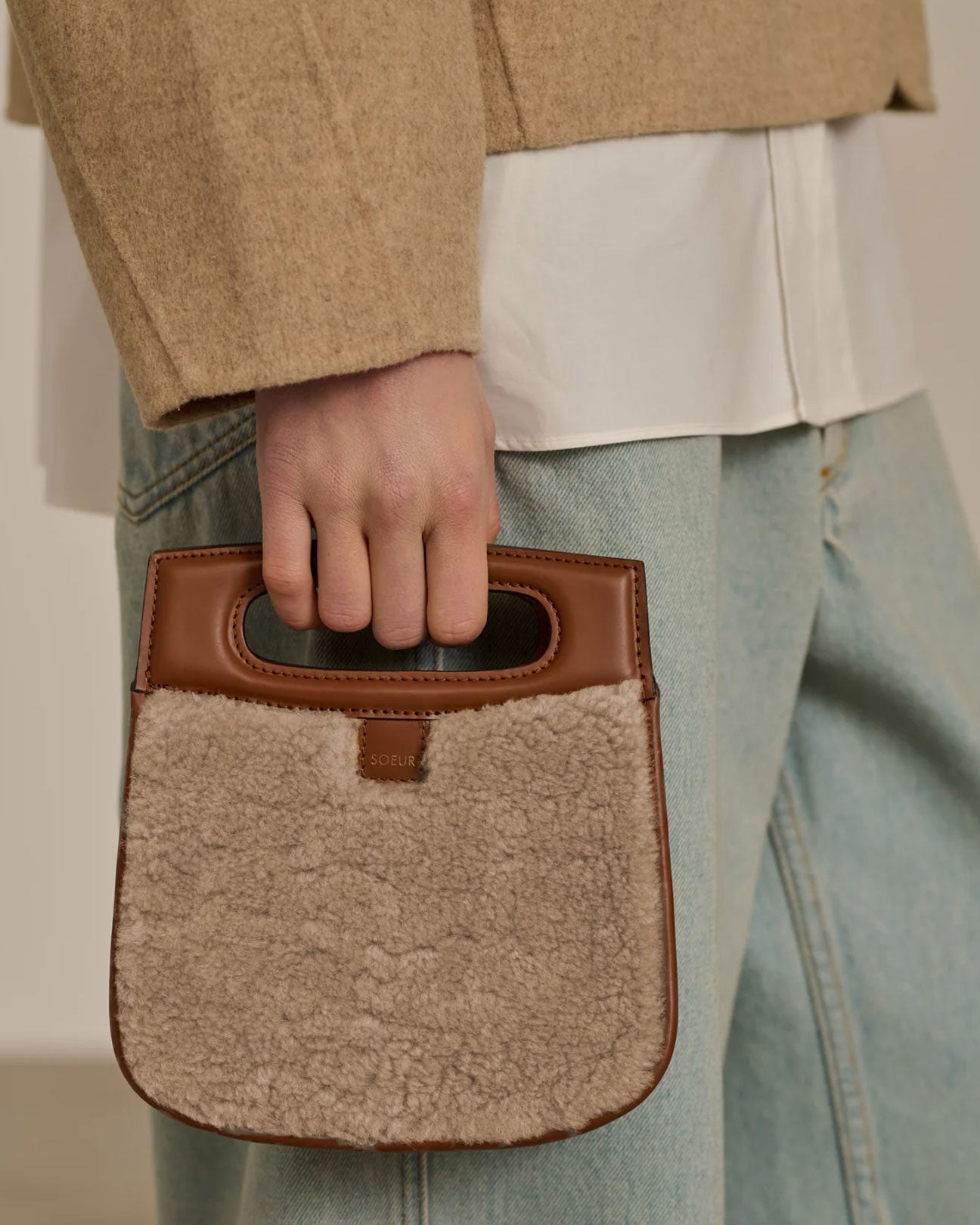 SOEUR Cheri Mini Shearling Bag in Sand/Hazelnut