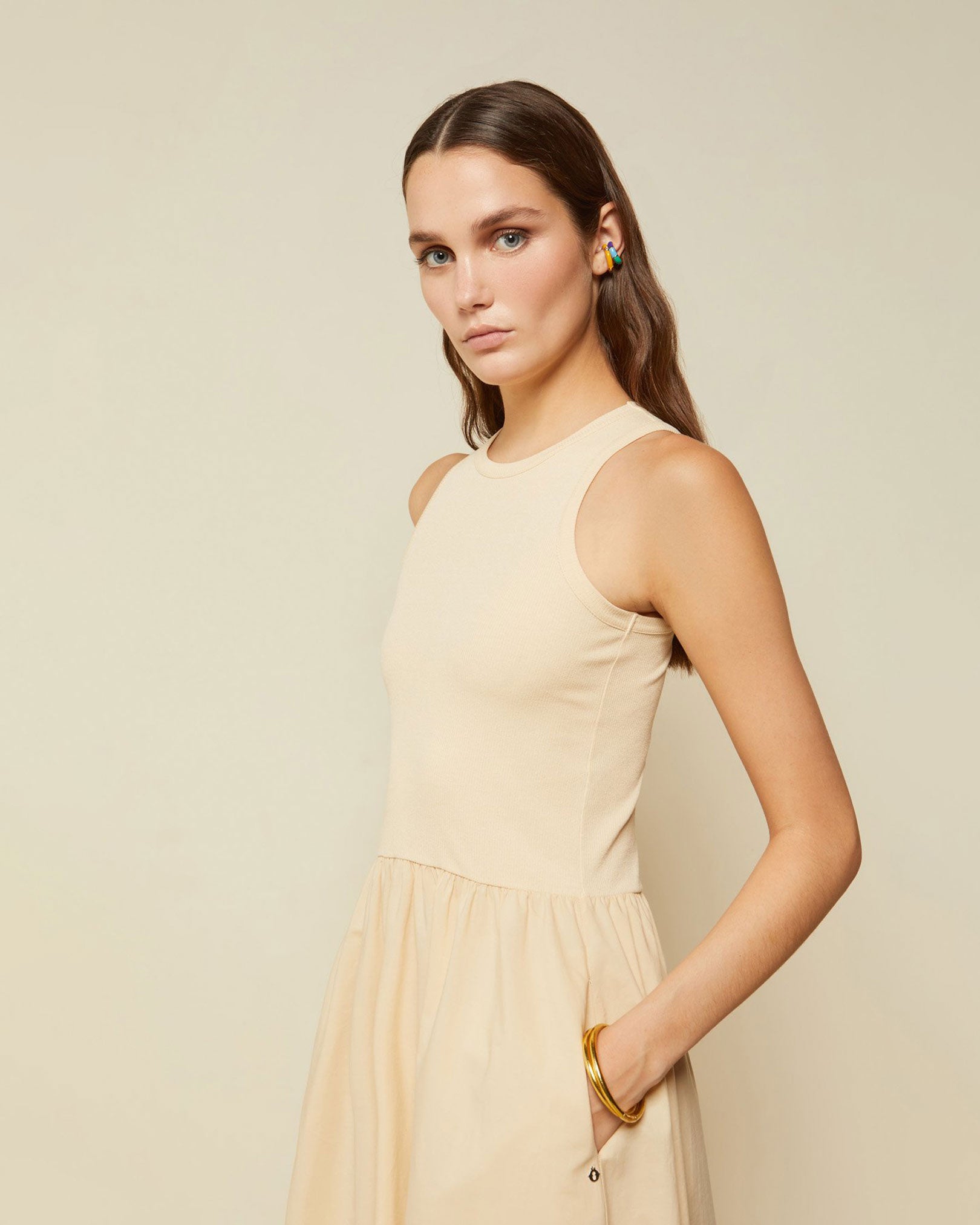 OTTOD'AME Tank Dress with Poplin Skirt in Cream available at Lahn.shop