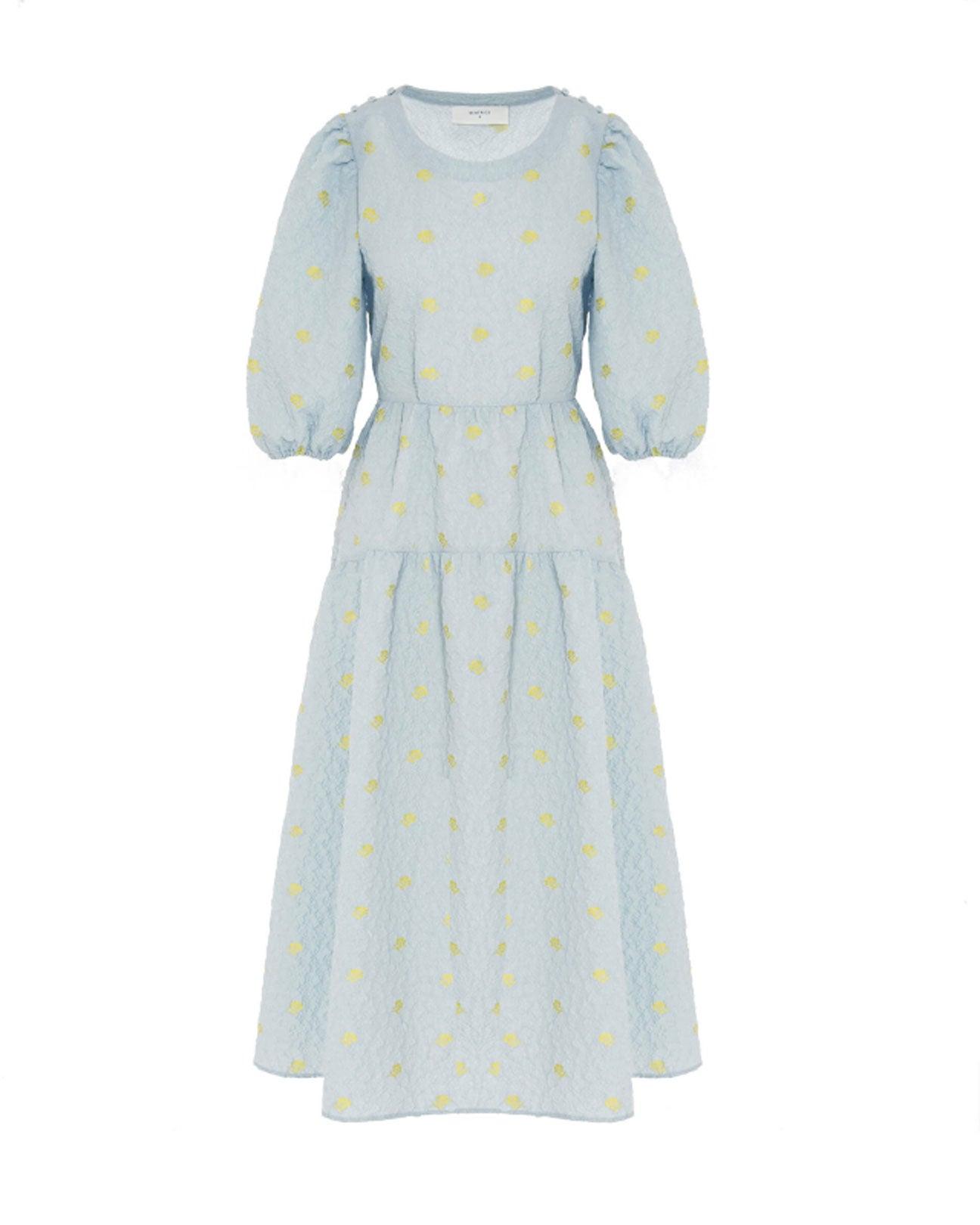 BEATRICE.B Embossed Jacquard Midi Dress in Zen Mist available at Lahn.shop
