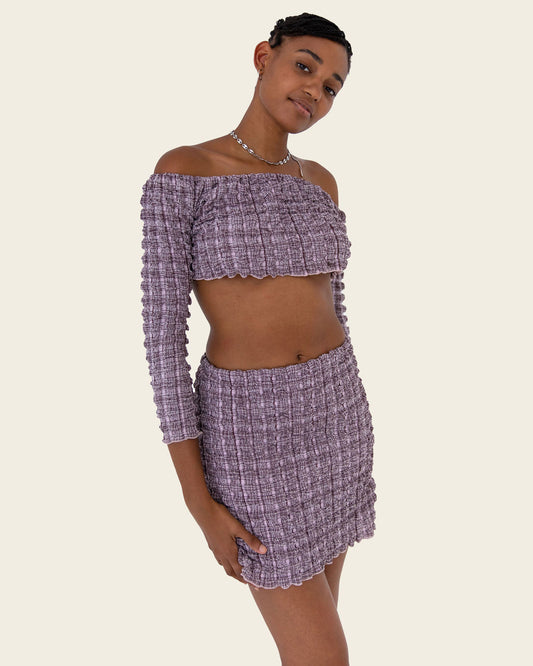 FIND ME NOW Mae Off Shoulder Crop Top in Mulberry available at Lahn.shop