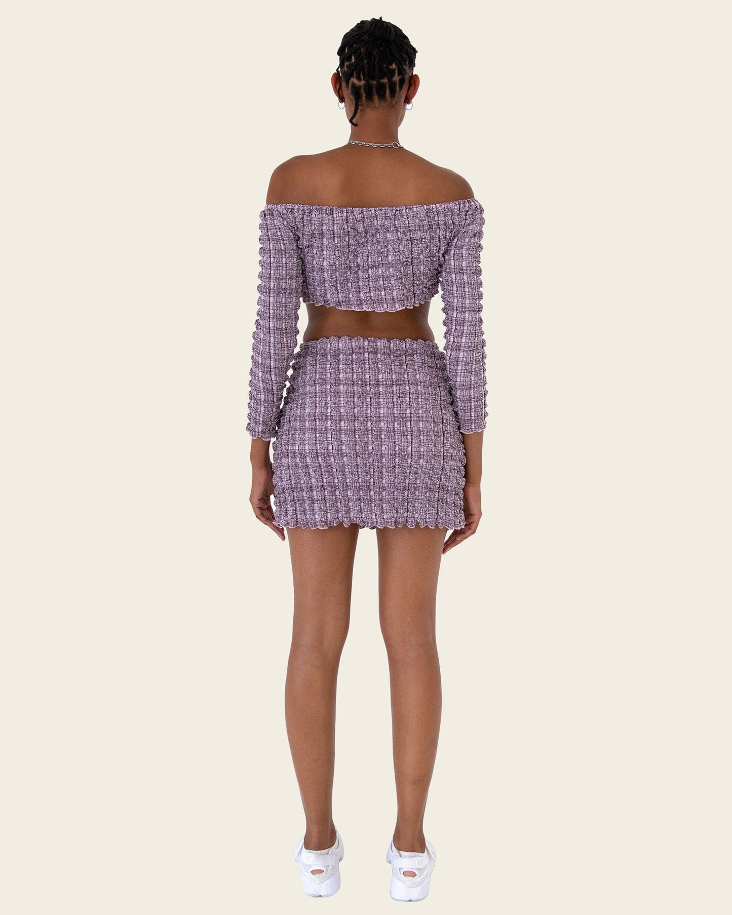 FIND ME NOW Mae Off Shoulder Crop Top in Mulberry